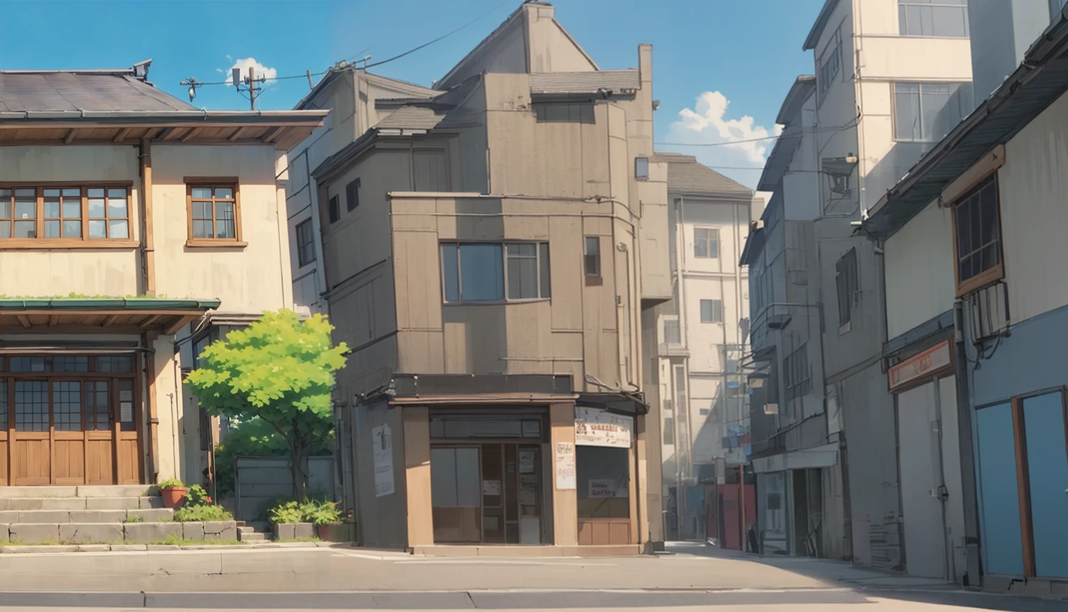 Anime style street buildings，Front view
