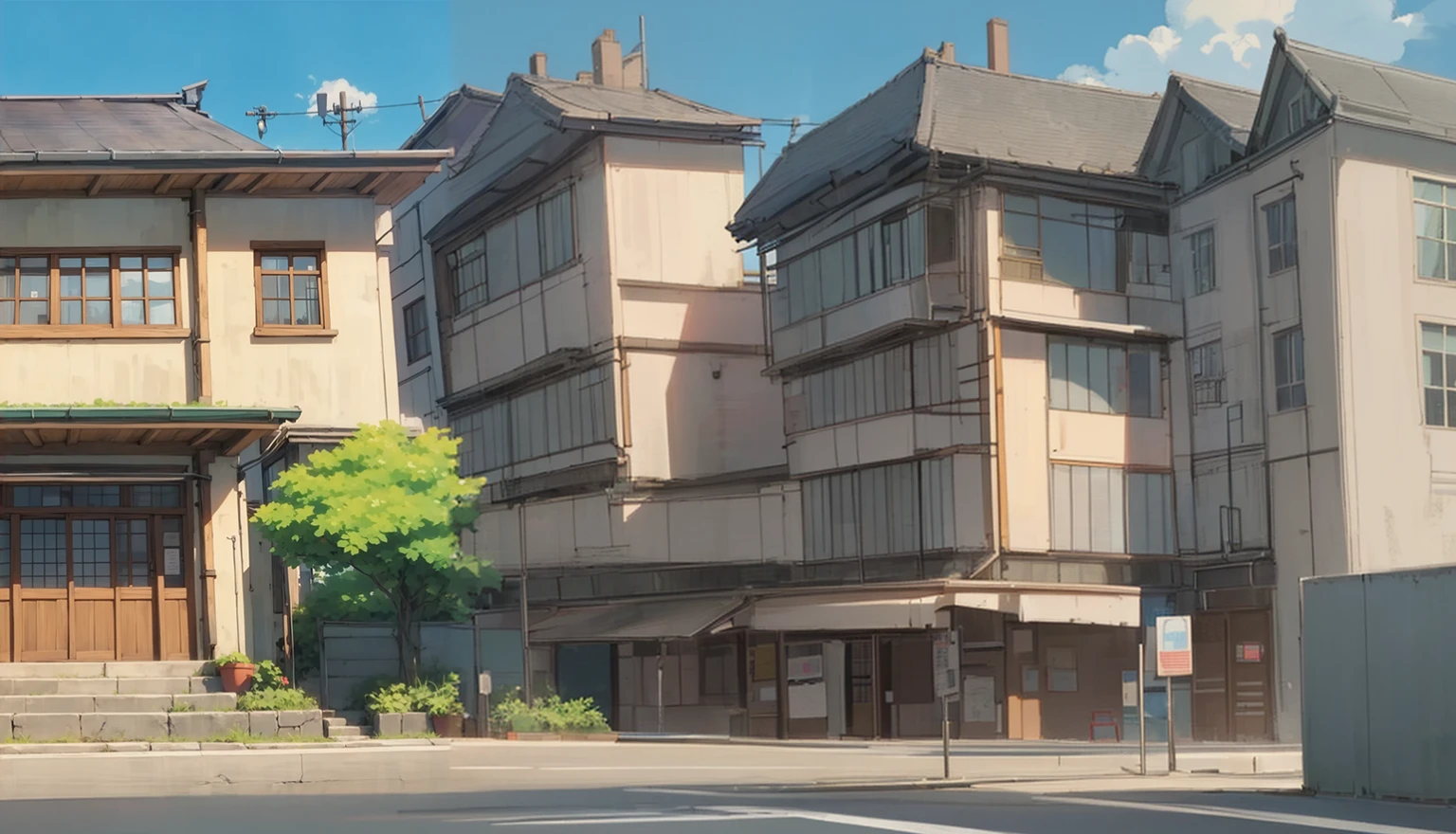Anime style street buildings，Front view