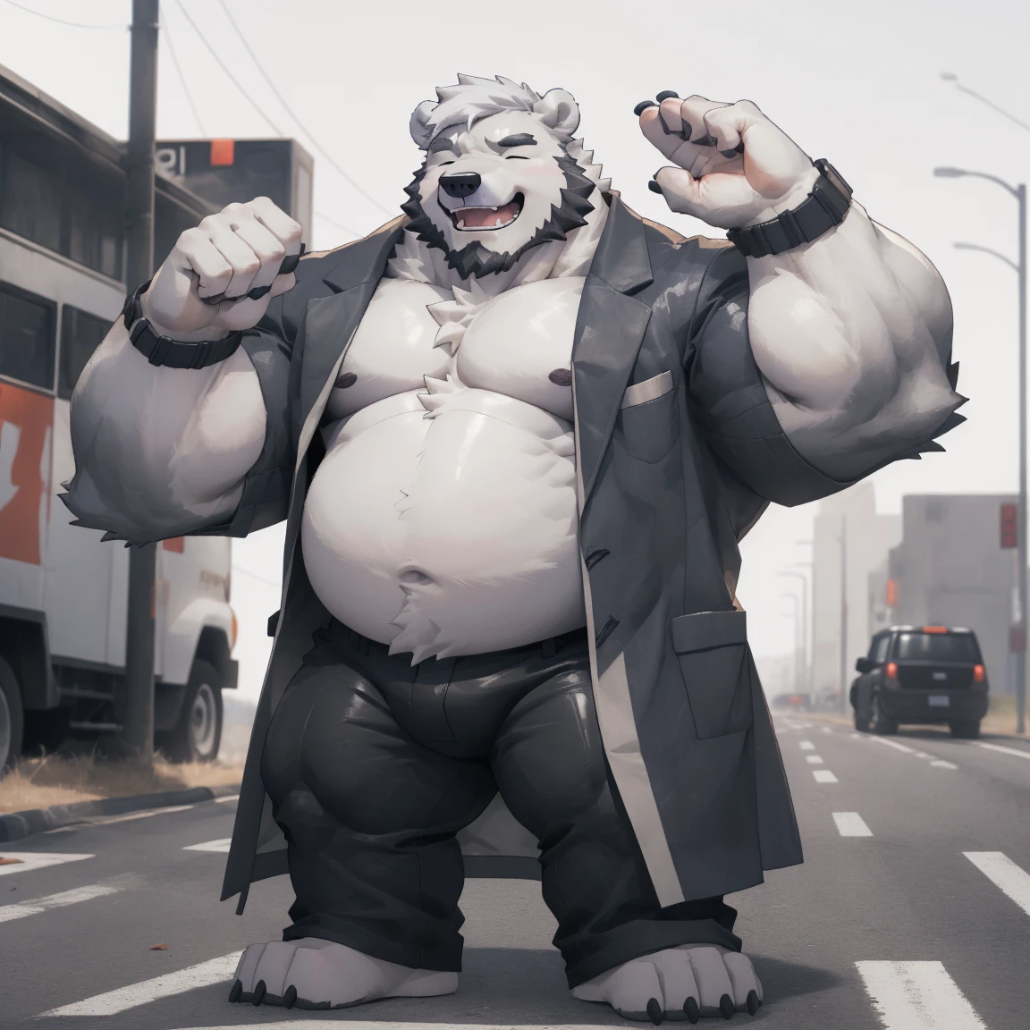 masterpiece, best quality, 8k resolution, Very detailed, hairy,(((polar bear)),(((Mature))),(((beard))),(((Strong))),(((White hair all over body))),portrait,(((White hair))),(((Roadside))),(((Left hand on waist))),For the audience,(((Purple tight gel coat))),Highest quality scene,Solitary,solitary,(((whole body))),(((With eyes closed))),(((Right hand salute))),(((Standing with legs apart))),(((Laughing))),((Fat-enclosed muscle)),(((Round face))),(((alone))),(((Strong body))),(((Hip bulge)))