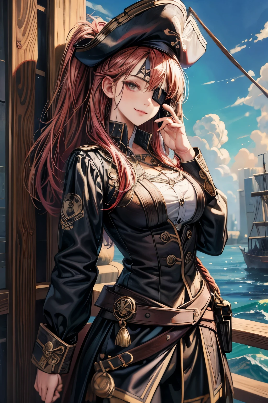 (Ultra-detailed, oil painting style, masterpiece: 1.4), Standing female pirate captain with (eye patch:1.4),
(High resolution: 1.4), (Masterpiece: 1.4), (Vibrant color palette: 1.2), (Photorealistic, dynamic angle: 1.2),
Pirate captain hat, intricately designed, wooden pistol by her side,
(Detailed face, detailed eyes, detailed skin), pirate scar under the eye, smiling with confidence,
(Best quality, 8k), wooden plank background with ropes and nautical symbols,
(Ultra-detailed surroundings, breasts, giga_busty, full clothee, (button gap:-1), long sleeves shirts