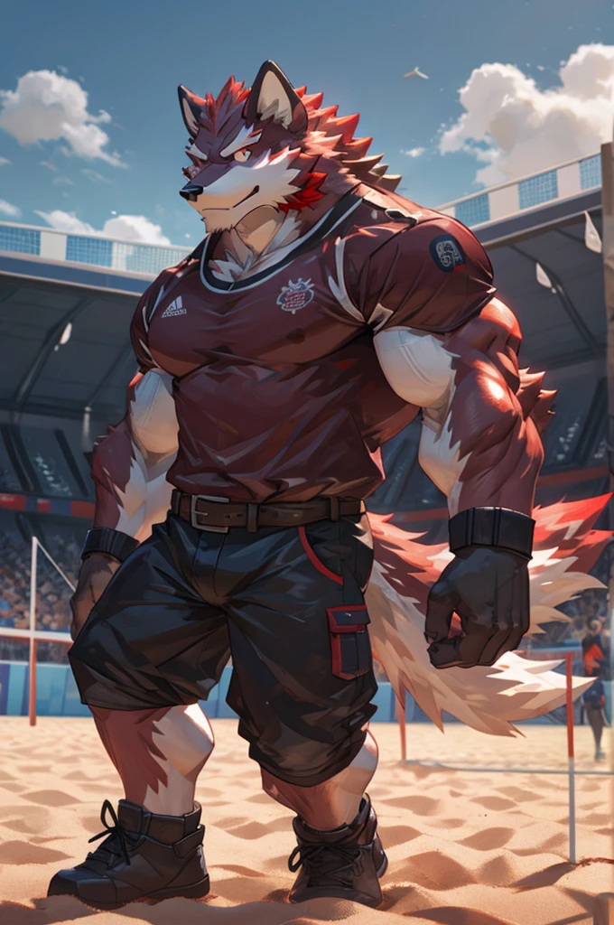 Best quality, Diederich, Furry Wolf, Red Fur, Red eyes, Medium Muscular Body, Handsome, Handsome, Good Looking, Volleyball Shirt, Cool Pose, Fierce, Smiling, Volleyball Field Background