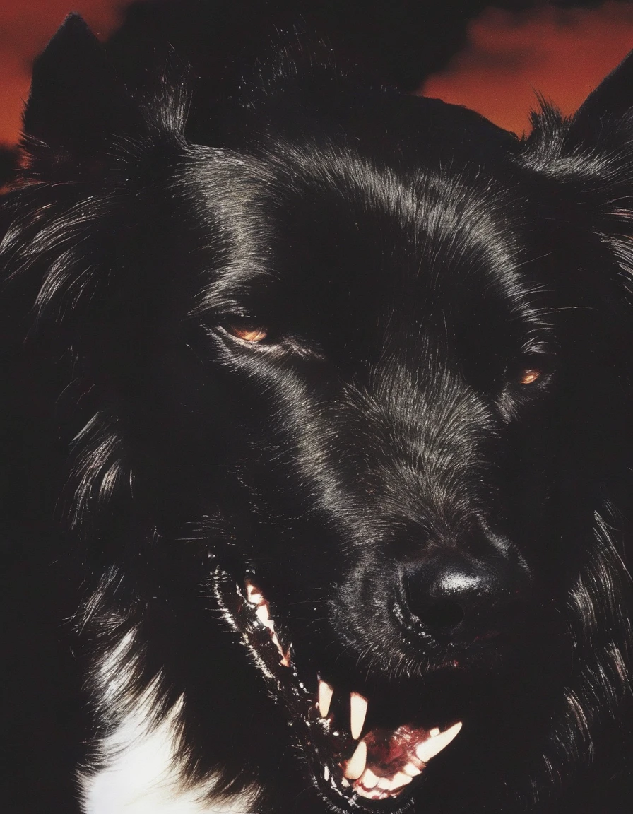 black dog with giant fangs all over head, sunshine background