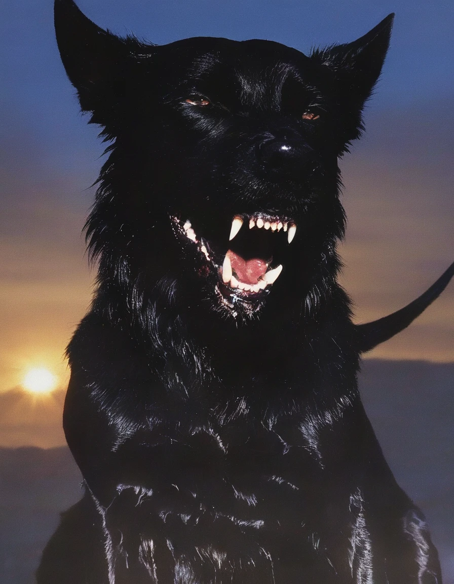 black dog with giant fangs all over head, sunshine background