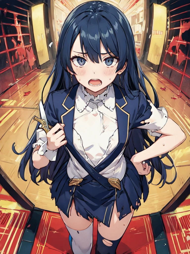 Eyes Wide Open、Vertically torn open shirt、Torn mini skirt、Unstable thoughts、Desire to dominate, Interpersonal、knife、Hall々Stand with、Heavy breathing、Scream、Lots of sweat