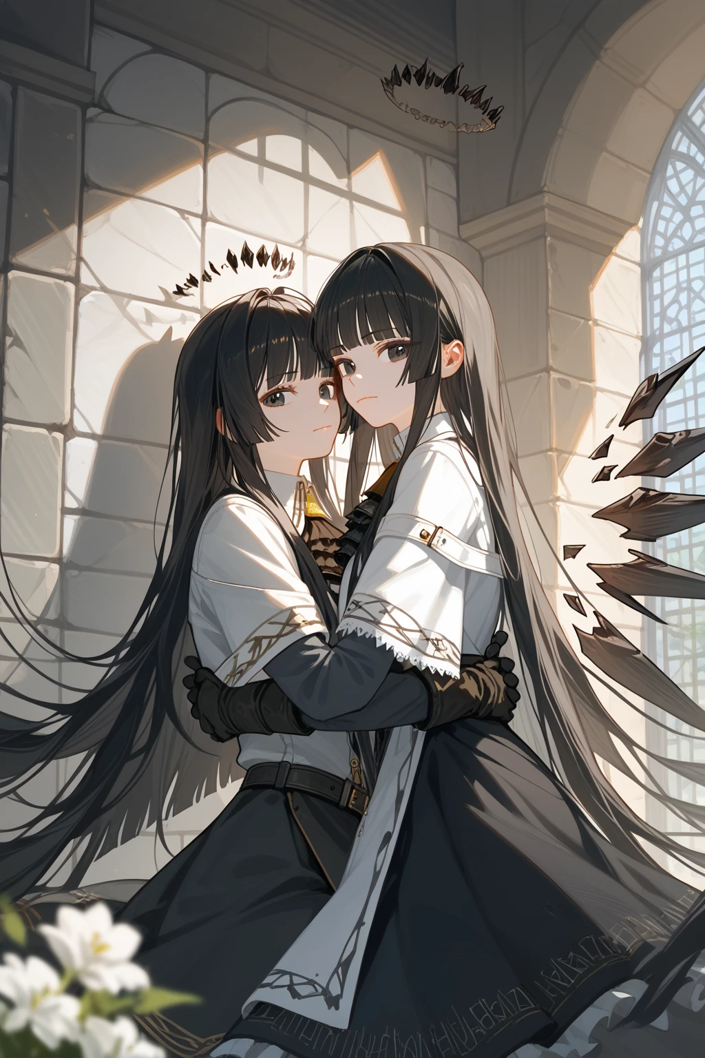 (score_9, score_8_up, score_7_up), 1girl, VirtuosaBase, black eyes, long hair, hime cut, broken halo, black ascot, white shirt, capelet, black sleeves, black gloves, belt, black skirt, energy wings, looking at viewer, small breasts, calm, closed mouth, side view, sitting, hugging own legs, ground level, medieval city hallway, medieval market around, leaning against wall