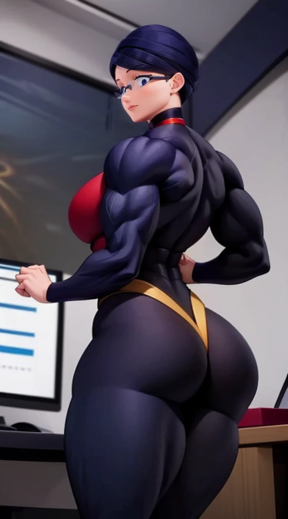 a muscular female bodybuilder in office suit, detailed face, beautiful detailed eyes, beautiful detailed lips, extremely detailed face and muscles, long eyelashes, strong muscles bulging through suit, dynamic pose, professional studio lighting, hyperrealistic, 8k, high quality, photorealistic, physically-based rendering, concept art, dramatic color palette,(from behind big ass,face looking at left side)