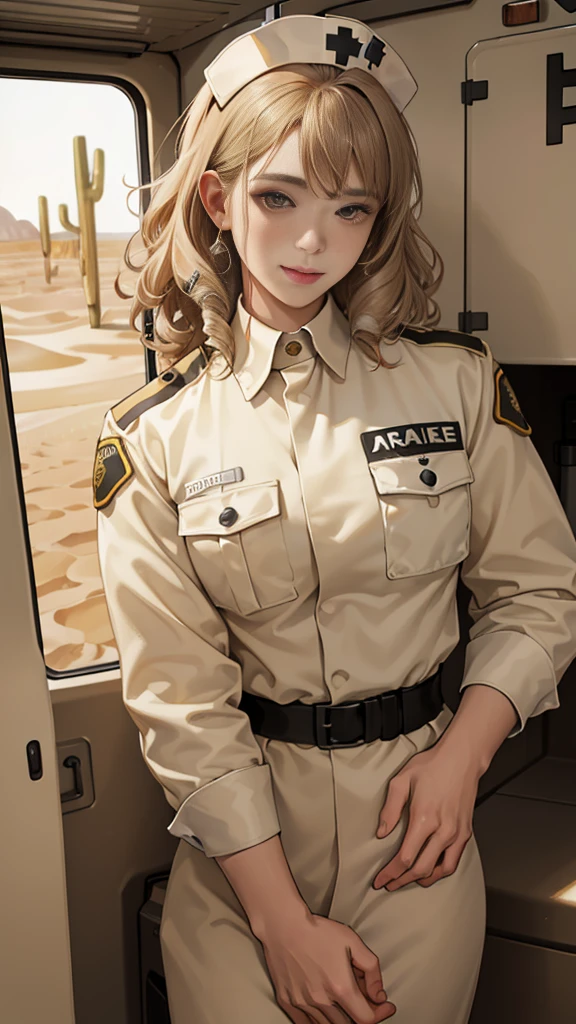 (masuter piece, best quality, very detailed), (fine face), 1 women, nurse、standing、from the waist up、golden hair、curly hair、bangs、lots of bangs、brown Eyes、Slight smile、nurse uniform , (in desert:1.5) , (ambulance:1.5) 