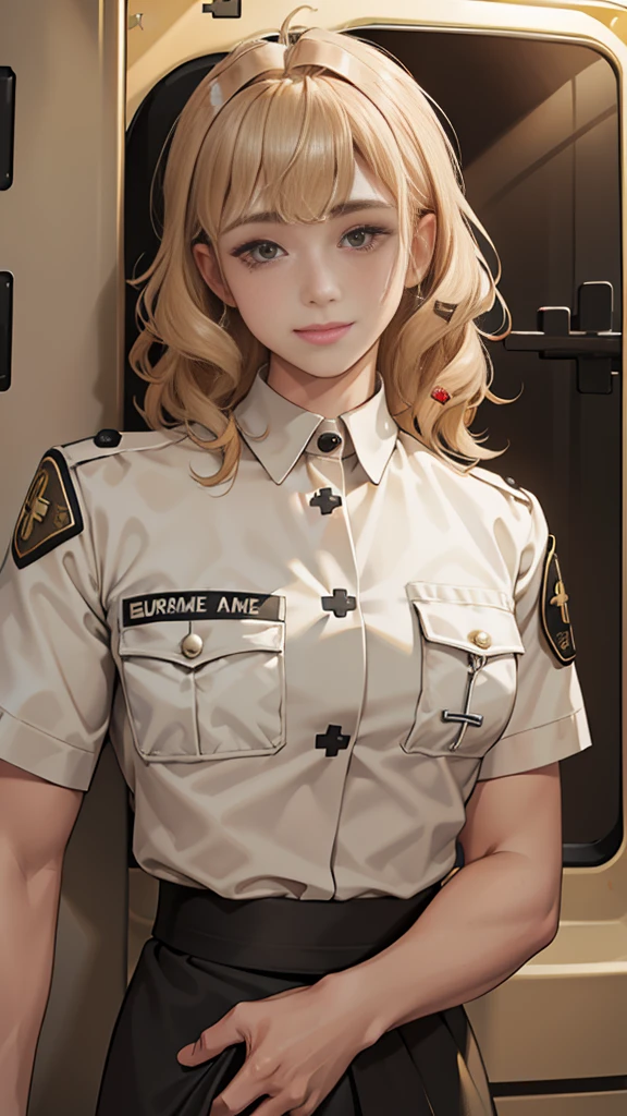 (masuter piece, best quality, very detailed), (fine face), 1 women, nurse、standing、from the waist up、golden hair、curly hair、bangs、lots of bangs、brown Eyes、Slight smile、nurse uniform , (in desert:1.5) , (ambulance:1.5)