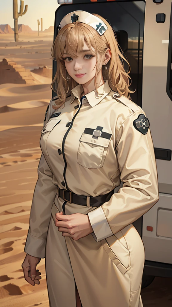 (masuter piece, best quality, very detailed), (fine face), 1 women, nurse、standing、from the waist up、golden hair、curly hair、bangs、lots of bangs、brown Eyes、Slight smile、nurse uniform , (in desert:1.5) , (ambulance:1.5)