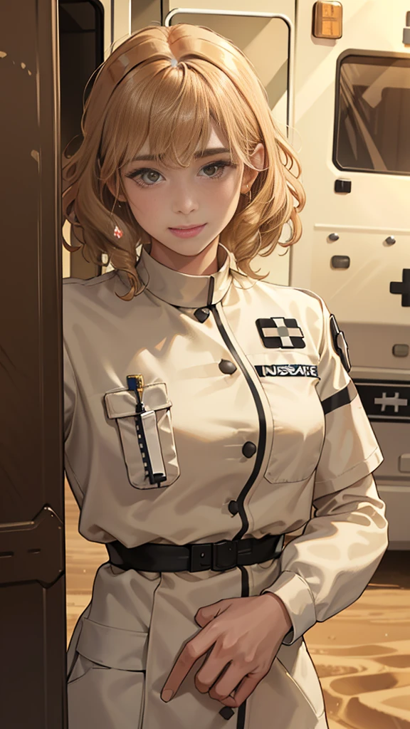(masuter piece, best quality, very detailed), (fine face), 1 women, nurse、standing、from the waist up、golden hair、curly hair、bangs、lots of bangs、brown Eyes、Slight smile、nurse uniform , (in desert:1.5) , (ambulance:1.5)