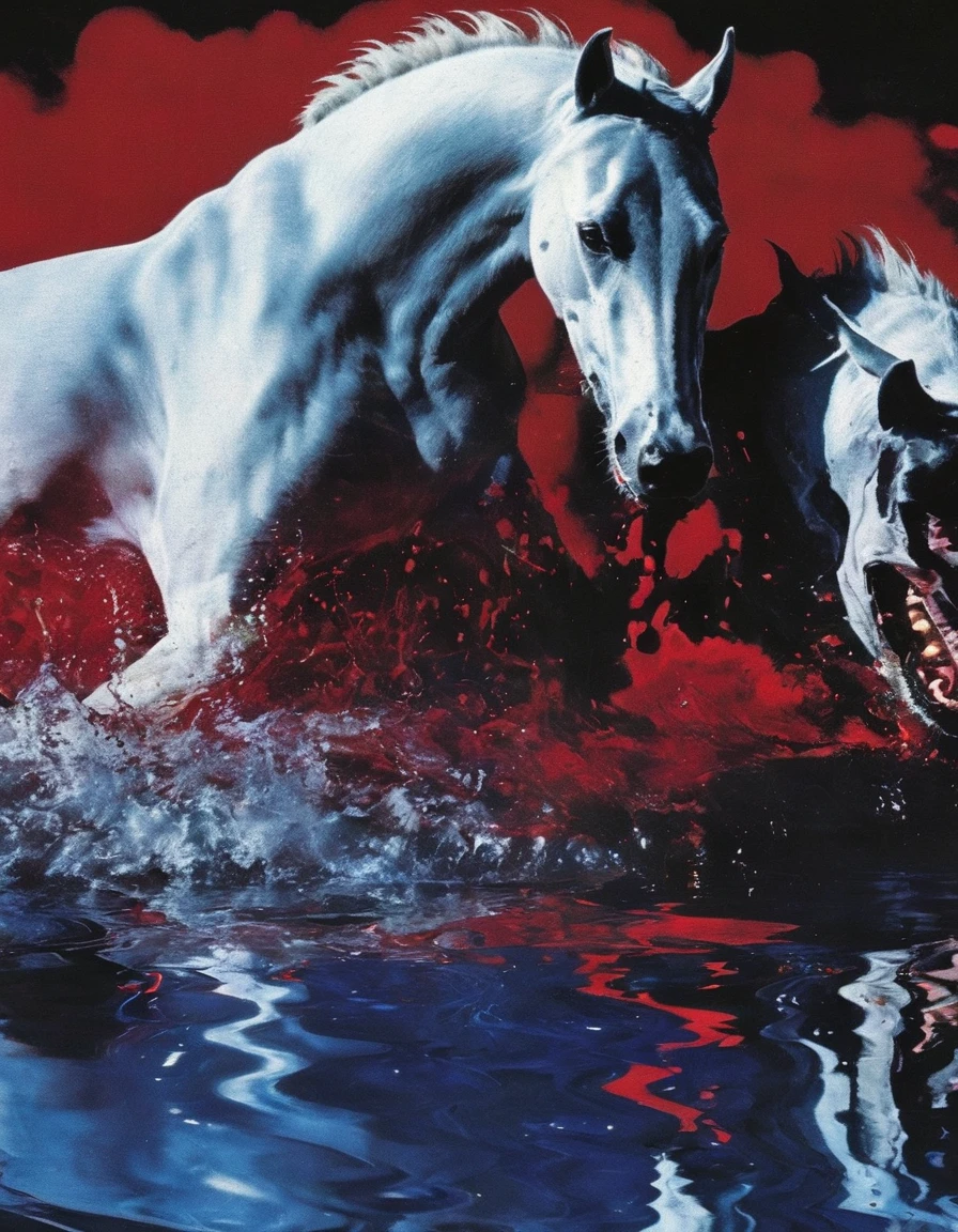 giant angry white horse in red water at night, blue background