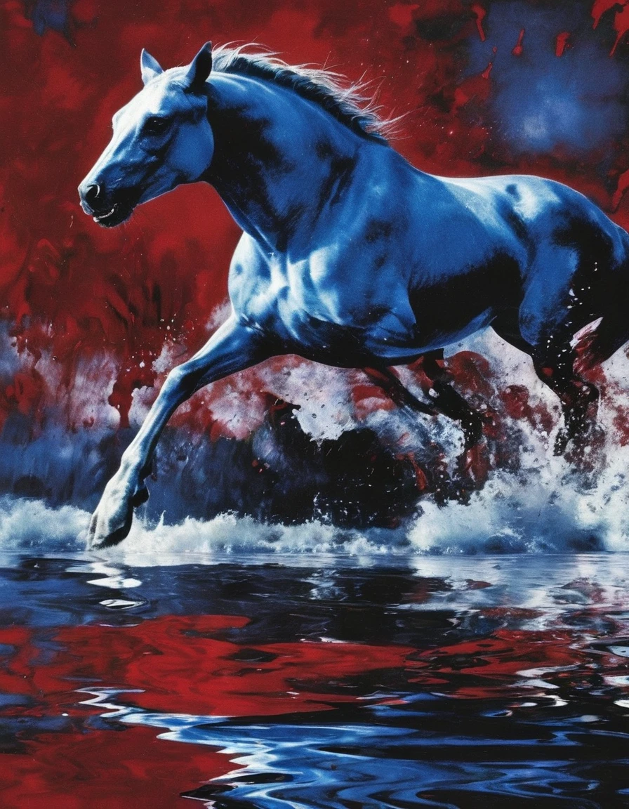 giant angry white horse in red water at night, blue background
