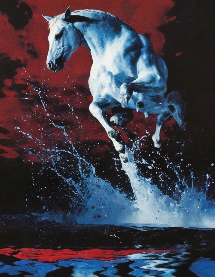 giant angry white horse in red water at night, blue background