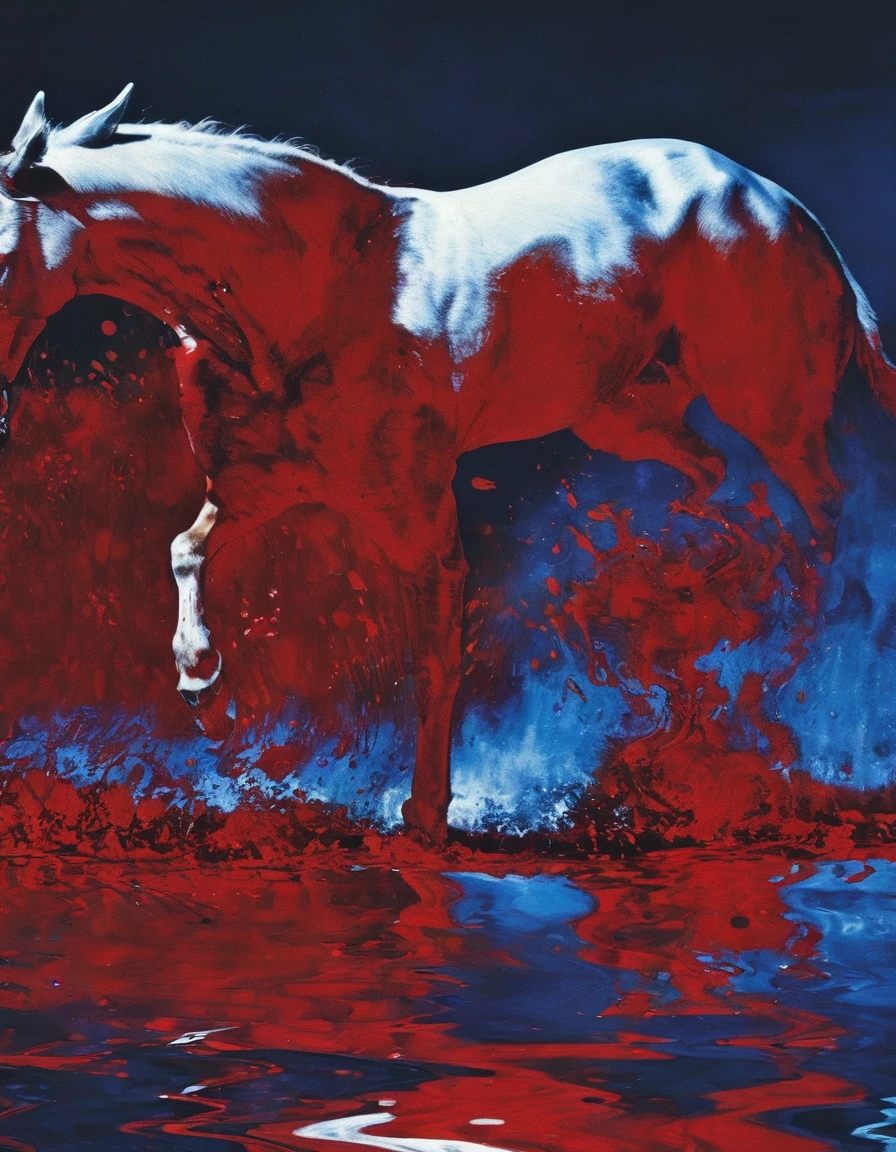 giant angry white horse in red water at night, blue background
