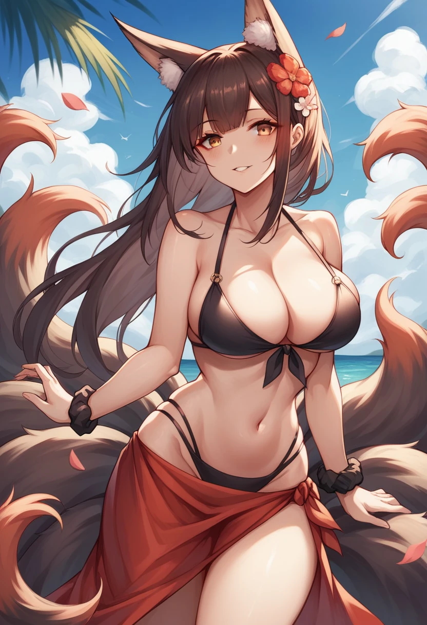 1girl, akagi_(azur_lane), breasts, animal_ears, swimsuit, long_hair, bikini, tail, solo, brown_hair, black_scrunchie, scrunchie, multiple_tails, sky, wrist_scrunchie, outdoors, fox_tail, fox_ears, cloud, cleavage, day, large_breasts, blue_sky, hair_ornament, smile, red_bikini, looking_at_viewer, bangs, navel, collarbone, palm_tree, sarong, tree, very_long_hair, thighs, bare_shoulders, highleg_bikini, blush, parted_lips, highleg, flower, sidelocks, cloudy_sky, standing, animal_ear_fluff, ponytail, hair_flower, red_eyes, brown_eyes, kitsune, fox_girl, stomach, black_bikini, hand_on_hip, groin, front-tie_bikini_top, front-tie_top