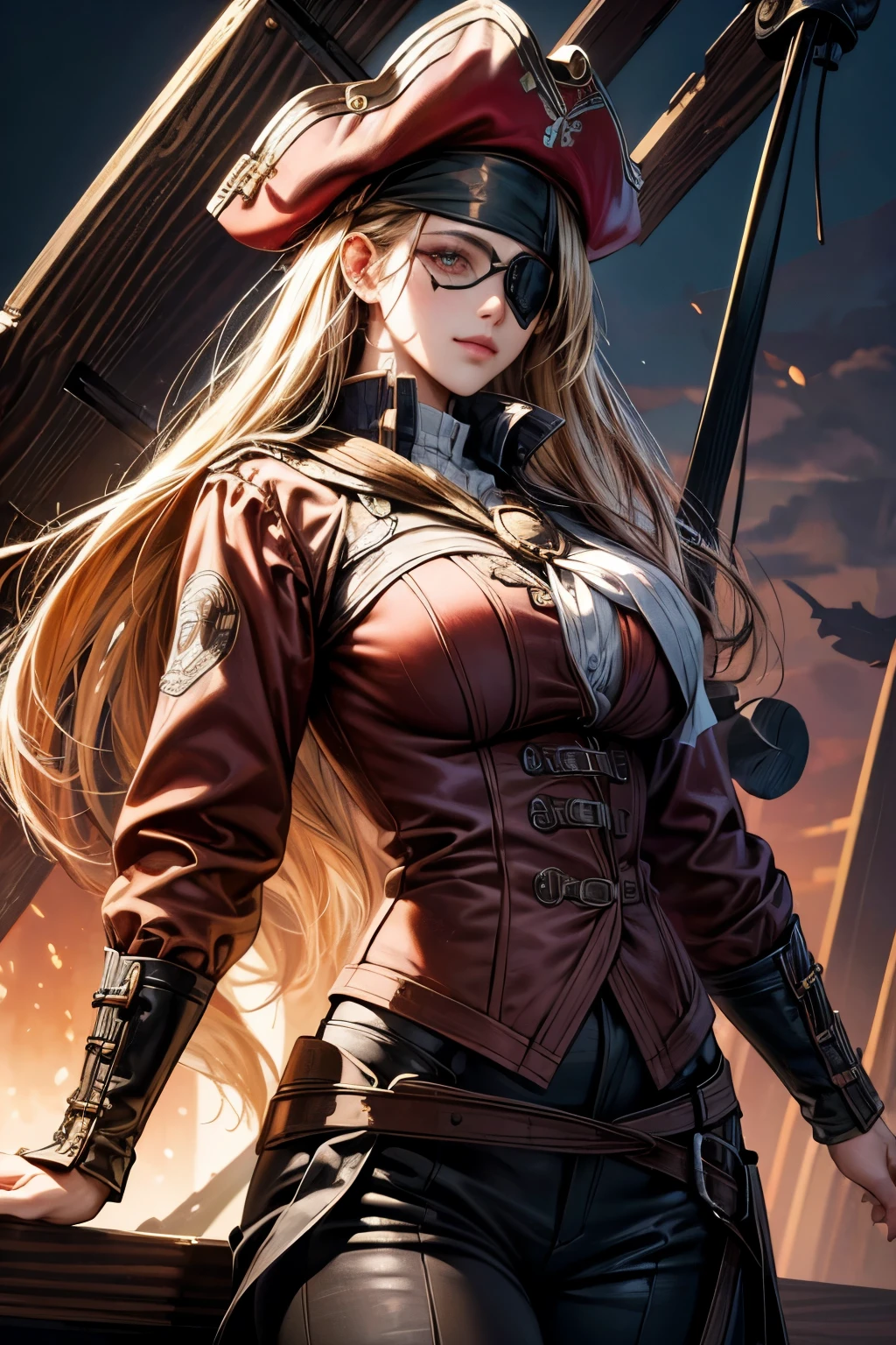 (Ultra-detailed, oil painting style, masterpiece: 1.4), Standing female pirate captain with (eye patch:1.4),
(High resolution: 1.4), (Masterpiece: 1.4), (Vibrant color palette: 1.2), (Photorealistic, dynamic angle: 1.2),
Pirate captain hat, intricately designed, wooden pistol by her side,
(Detailed face, detailed eyes, detailed skin), pirate scar under the eye, smiling with confidence,
(Best quality, 8k), wooden plank background with ropes and nautical symbols,
(Ultra-detailed surroundings, breasts, giga_busty, full clothee, (button gap:-1), long sleeves shirts