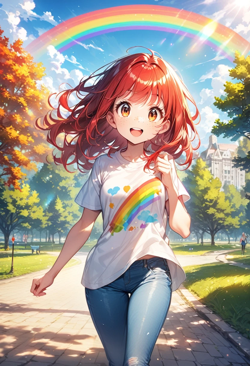 young girl(Red hair, freckles, big eyes,), t-shirt, jeans, sunny, outdoors, park, rainbow