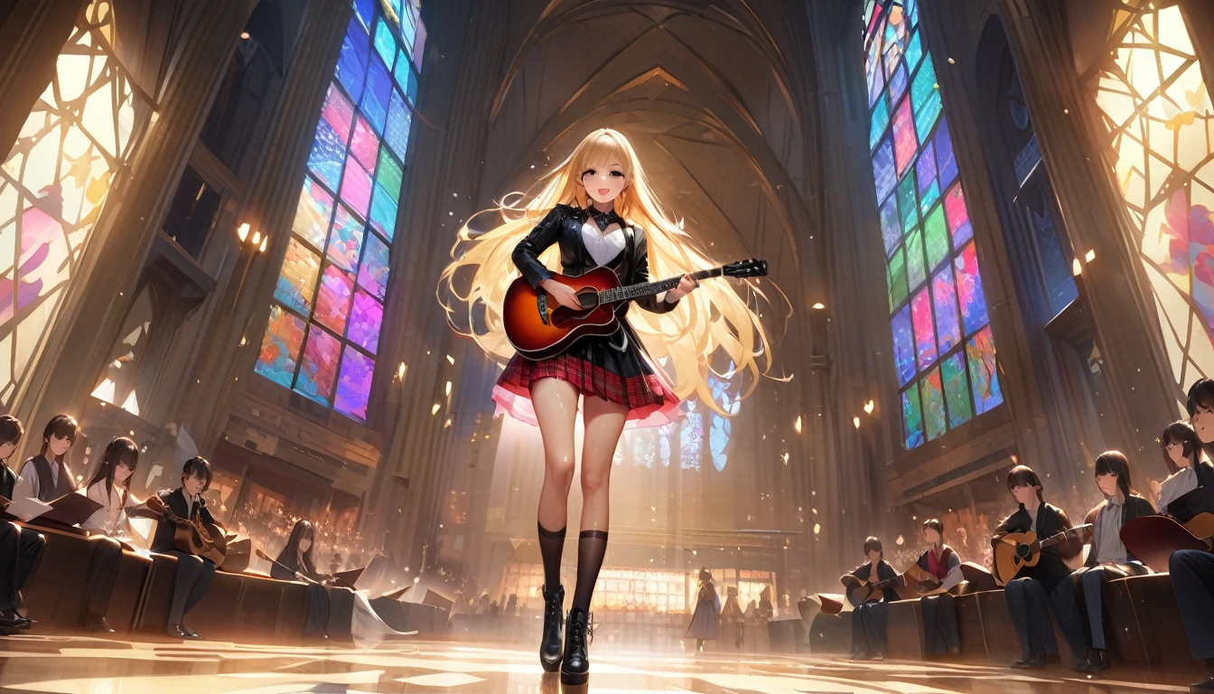 ((masterpiece、top quality、Super detailed、A high resolution、realistic、sharp focus))、laser for high school girls、 uniform、Red plaid knee-length skirt、long skirt、Jay Kay Style、jacket、smile、knee socks、Thigh High Socks、Tights、Magnificent beauty、super cute、yearning、Rare beauty、Black dark eyeshadow、Good skin glow、Long hair straightener、Dark gothic makeup、Темная smile、Fragrant beauty、stained glass background、masterpiece、Best quality、Refers to 5 books、Sweat glistens on my chest、Sweat glistens on my face、、Golden hair、age 19 years、A little thin、The Mysterious Look、Sad expression、Golden hair、Profuse sweating all over the body、Lots of sweat and light on my thighs、Shiny thighs、Profuse sweat glistens on the thighs、A large amount of sweat glistens on my thighs.、Profuse sweating、Fire、Japanese face、enticing expression、thin hips、To play guitar、I have a guitar、Sing a song enthusiastically、To play guitar in a band、To play guitar chords、Living home background、Sing a song、open your mouth、Living home decorations、Mike is standing、Glamorous live scene、dynamic angle、Platform boots、They&#39;re standing、Hime cut his hair、Gothloli, Dark, night, shining eyes, black light、completely naked, Фотоrealistic, depth of field, ultra detailed, detailed face, very precise eyes))), dynamic action pose(Masterpiece), (Anime Style), (Super Detailed), (Brutal), (UHD, HDR), (8K), (High Resolution: 1.2), (Complex and Beautiful: 1.2), (Dramatic Lighting: 1.2) , (staring at the viewer), lora:add_detail:1, female necromancer, flowing white hair, detailed red eyes,, Фотоrealistic, depth of field, ultra detailed, detailed face, very precise eyes))), dynamic action pose(Masterpiece), (Anime Style), (Super Detailed), (Brutal), (UHD, HDR), (8K), (High Resolution: 1.2), (Complex and Beautiful: 1.2), (Dramatic Lighting: 1.2) , (staring at the viewer), lora:add_detail:1, female necromancer, flowing white hair, detailed red eyes, skelet, Tomohiko Ito style