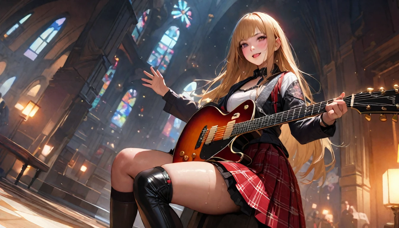 ((masterpiece、top quality、Super detailed、A high resolution、realistic、sharp focus))、laser for high school girls、 uniform、Red plaid knee-length skirt、long skirt、Jay Kay Style、jacket、smile、knee socks、Thigh High Socks、Tights、Magnificent beauty、super cute、yearning、Rare beauty、Black dark eyeshadow、Good skin glow、Long hair straightener、Dark gothic makeup、Темная smile、Fragrant beauty、stained glass background、masterpiece、Best quality、Refers to 5 books、Sweat glistens on my chest、Sweat glistens on my face、、Golden hair、age 19 years、A little thin、The Mysterious Look、Sad expression、Golden hair、Profuse sweating all over the body、Lots of sweat and light on my thighs、Shiny thighs、Profuse sweat glistens on the thighs、A large amount of sweat glistens on my thighs.、Profuse sweating、Fire、Japanese face、enticing expression、thin hips、To play guitar、I have a guitar、Sing a song enthusiastically、To play guitar in a band、To play guitar chords、Living home background、Sing a song、open your mouth、Living home decorations、Mike is standing、Glamorous live scene、dynamic angle、Platform boots、They're standing、Hime cut his hair、Gothloli, Dark, night, shining eyes, black light、completely naked, Фотоrealistic, depth of field, ultra detailed, detailed face, very precise eyes))), dynamic action pose(Masterpiece), (Anime Style), (Super Detailed), (Brutal), (UHD, HDR), (8K), (High Resolution: 1.2), (Complex and Beautiful: 1.2), (Dramatic Lighting: 1.2) , (staring at the viewer), lora:add_detail:1, female necromancer, flowing white hair, detailed red eyes,, Фотоrealistic, depth of field, ultra detailed, detailed face, very precise eyes))), dynamic action pose(Masterpiece), (Anime Style), (Super Detailed), (Brutal), (UHD, HDR), (8K), (High Resolution: 1.2), (Complex and Beautiful: 1.2), (Dramatic Lighting: 1.2) , (staring at the viewer), lora:add_detail:1, female necromancer, flowing white hair, detailed red eyes, skelet, Tomohiko Ito style