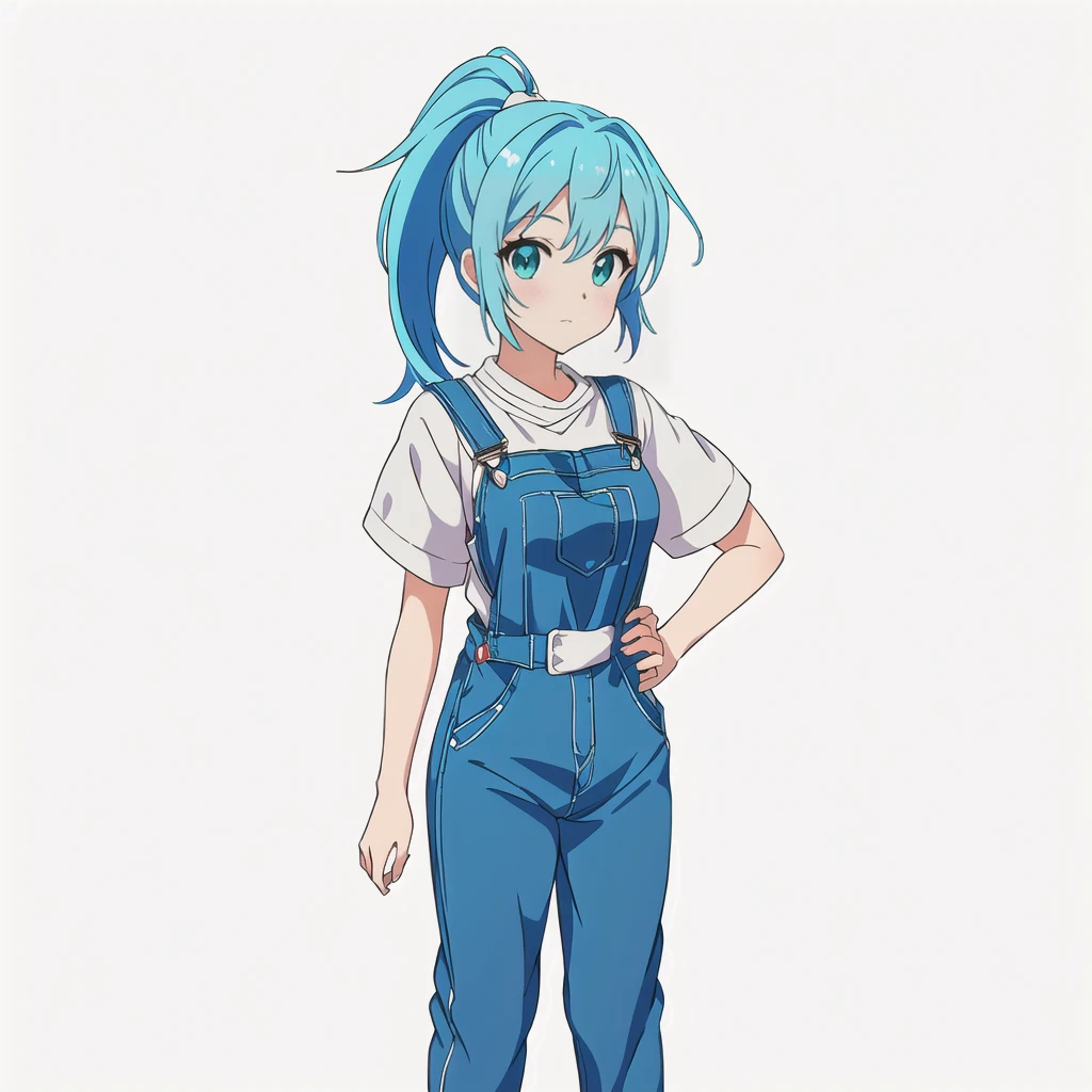 Highest quality, high resolution, High quality anime art style, Official Art, Smooth anime CG art, Stylized anime, Cute 3D anime girl render, Visual Novel Sprites, White background, whole body, Anime-style 3D, Smooth anime CG art, humanoid woman, JRPG Characters, Anime woman with blue hair and blue overalls, Turquoise hair anime girl, ponytail, Neat hairstyle, 20-year-old