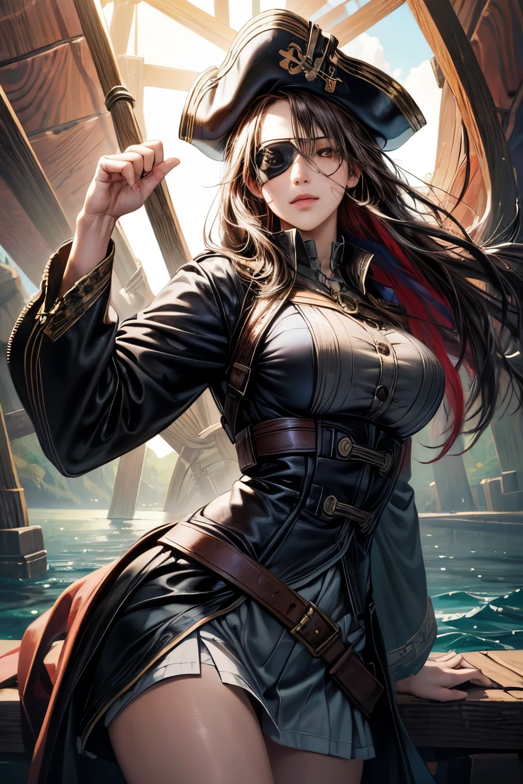 (Ultra-detailed, oil painting style, masterpiece: 1.4), Standing female pirate captain with (eye patch:1.4),
(High resolution: 1.4), (Masterpiece: 1.4), (Vibrant color palette: 1.2), (Photorealistic, dynamic angle: 1.2),
Pirate captain hat, intricately designed, wooden pistol by her side,
(Detailed face, detailed eyes, detailed skin), pirate scar under the eye, smiling with confidence,
(Best quality, 8k), wooden plank background with ropes and nautical symbols,
(Ultra-detailed surroundings, breasts, giga_busty, full clothee, (button gap:-1), long sleeves shirts