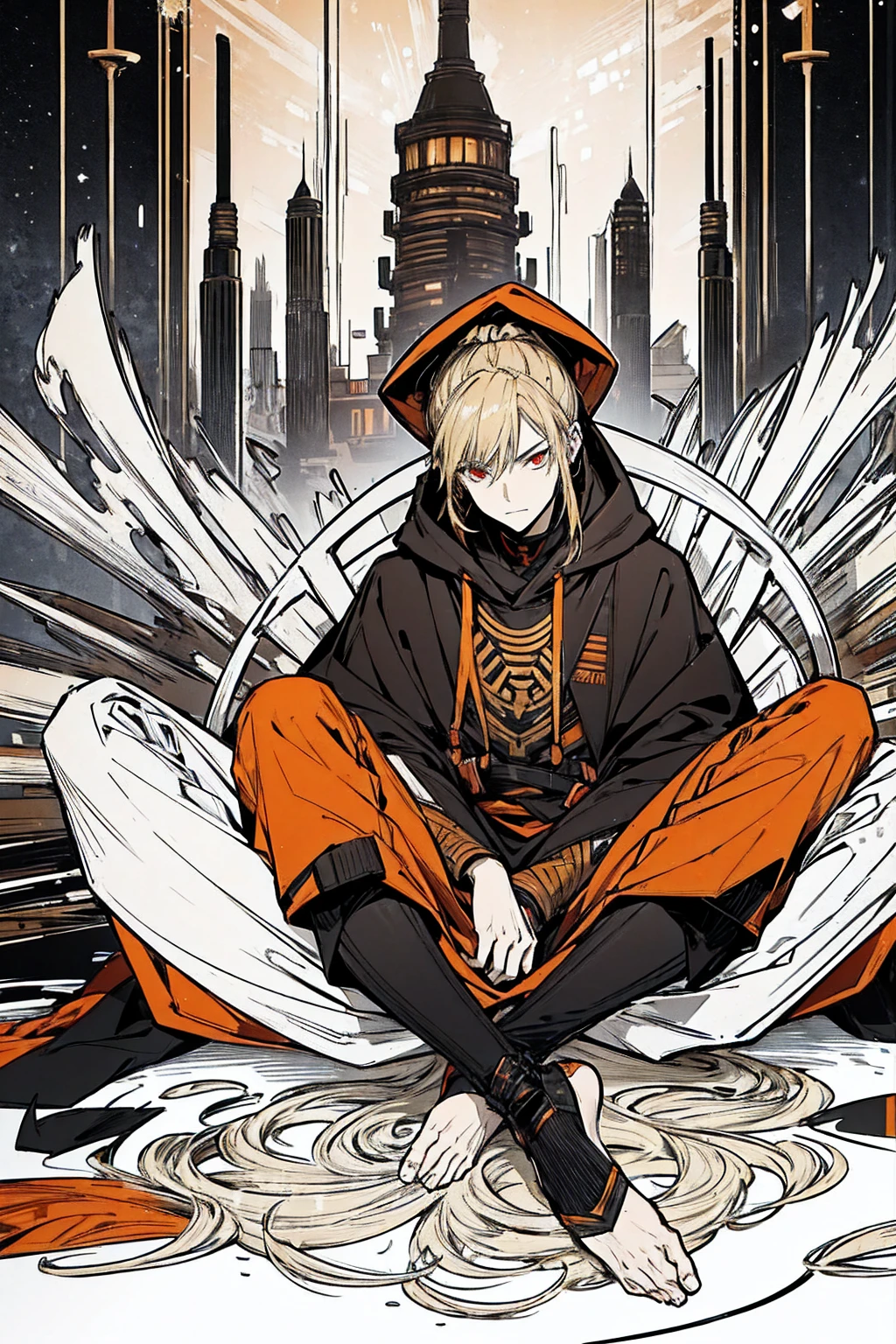 Tall, tannish, male, equipped with battle suit, covered by dark orange cloak, blonde hair in manbun, red eyes, handsome, sitting down calmly in night, hood covering face, alone.