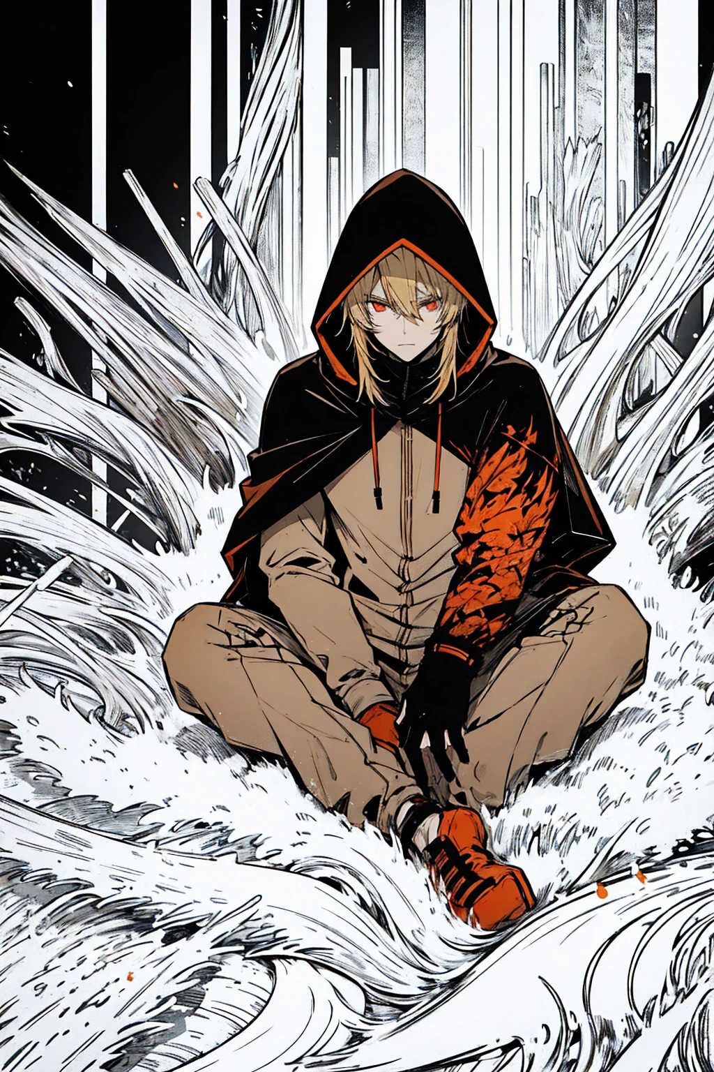 Tall, tannish, male, equipped with battle suit, covered by dark orange cloak, blonde hair in manbun, red eyes, handsome, sitting down calmly in night, hood covering face, alone.