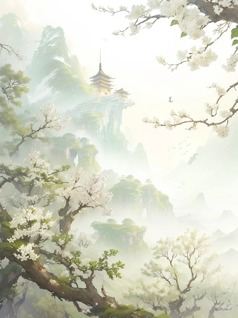 There is a painting，There is a faint little tower in the distance，Painting with birds flying into the distance Landscape artwork,  anime background technology, Beautiful Peace Scene, Chinese古典风格背景, background technology, Oriental Aesthetics, background technologywork, Chinese, Anime Landscape, Dreamy Landscape, Anime Landscape wallpaper，spring scene，Light green tones