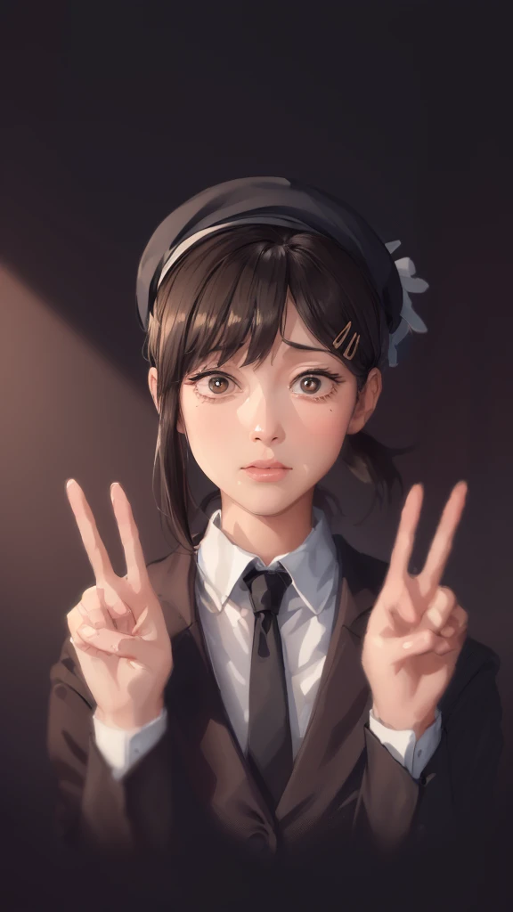 (((Perfect body,White and tender skin,(((Black strap dress, black long bow tie, white lining, black hat))),(((kobeni higashiyama, black hair, hair ornament, hairclip, ponytail, short hair, (brown eyes:1.5),))),((masterpiece)),highres,((Best quality at best)),masterpiece,quality,Best quality,((( Exquisite facial features,Looking at the audience,There is light in the eyes,(((frown,Wronged))),Scissorhands))),(((Light and shadow,Huge breasts,))),(((Looking at the camera,White background))))