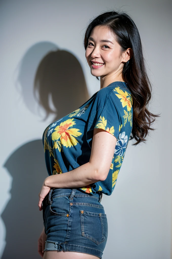 (from side),(top-quality, masterpiece,photo realistic,ultra-detailed,Textured skin:1.2),(Anatomically correct),1 girl,(good hands), break (aloha shirts),(denim short pants), break (saggy breast:1.2), break (japanese mature woman),(48 years old),smile,(long hair),