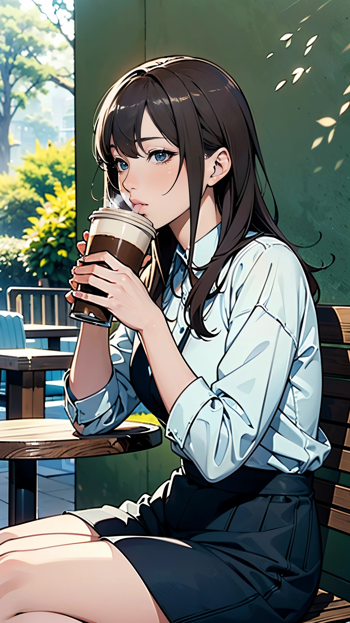 (Coffee shop in the park), (Cozy and comfortable seating), (Wide々Passing through), (Stylish lighting), (empty), (Dappled Lighting), (noon), (Ultra-detailed anime-style scenery wallpaper),A woman is drinking coffee alone