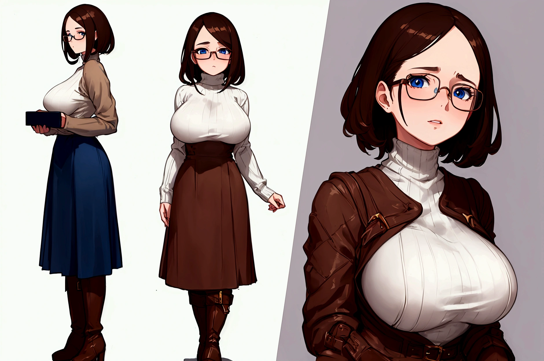 masterpiece, best quality, detailed, 1girl, brown hair, short hair, parted bangs, forehead, blue eyes, glasses, turtleneck sweater, long sleeves, long skirt, boots, big breast, full body, standing, white background