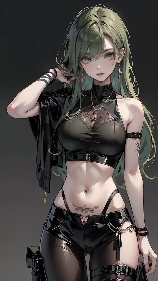 ((best quality)), ((highly detailed)), masterpiece, absurdres, (detailed eyes, deep eyes), beautiful, Goth punk, animal girl, hellhound, 1girl, black bikini top, (pentagram_harness:1.1), black mini shorts, bangs, wolf ears, black ribbon, choker, necklace, breasts, cleavage, earrings, jewelry, large breasts, very long hair, looking at viewer, mole, messy hair hair, (Lime green hair:1.1), amber eyes, thighs, cowboy shot, standing, outdoors, city, night, detailed background, (Maya 3d render:1.05), (masterpiece:1.3), (hires, high resolution:1.3), subsurface scattering, heavy shadow,, detailed skin texture, (blush:0.5), (goosebumps:0.5), subsurface scattering <lora:add_detail:0.6> <lora:more_details:0.3> <lora:pentagram_harness:1>