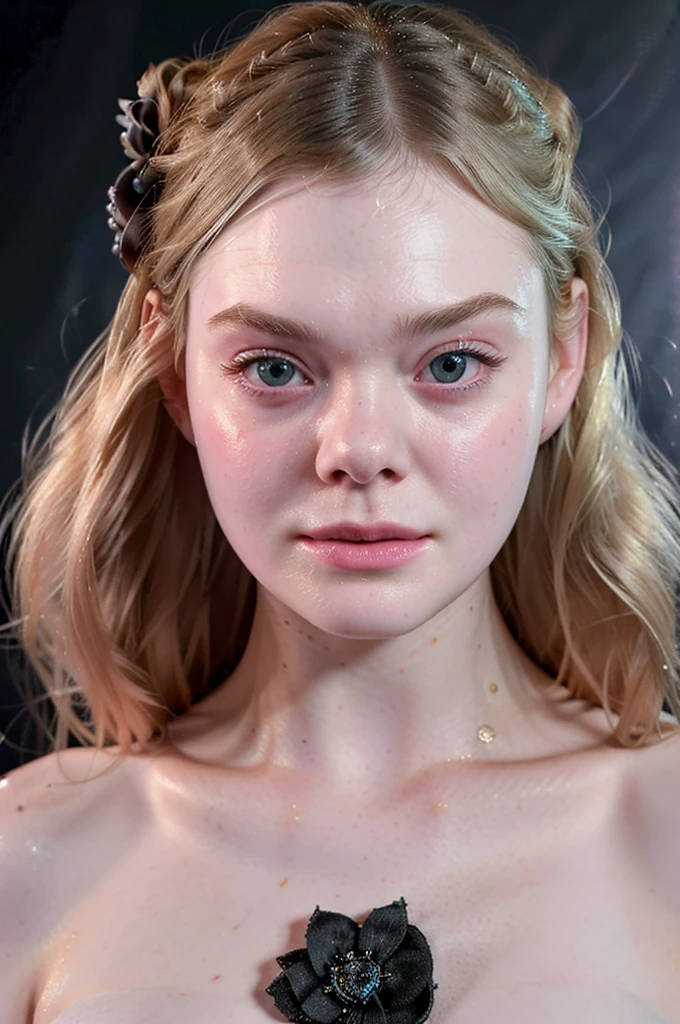 Side portret of elle fanning. Dark background, bright light up front, detailed face, face tilted to the left, showing her right cheek, topless, dark background