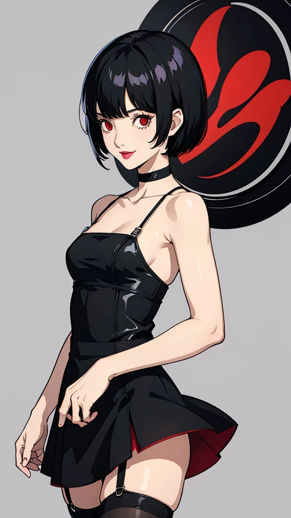 1 girl, Red eyes, very Short hair, black choker, lipstick, smile, black hair, female , tomboy Pixie haircut, bandeau, dress, stockings, cowboy shot