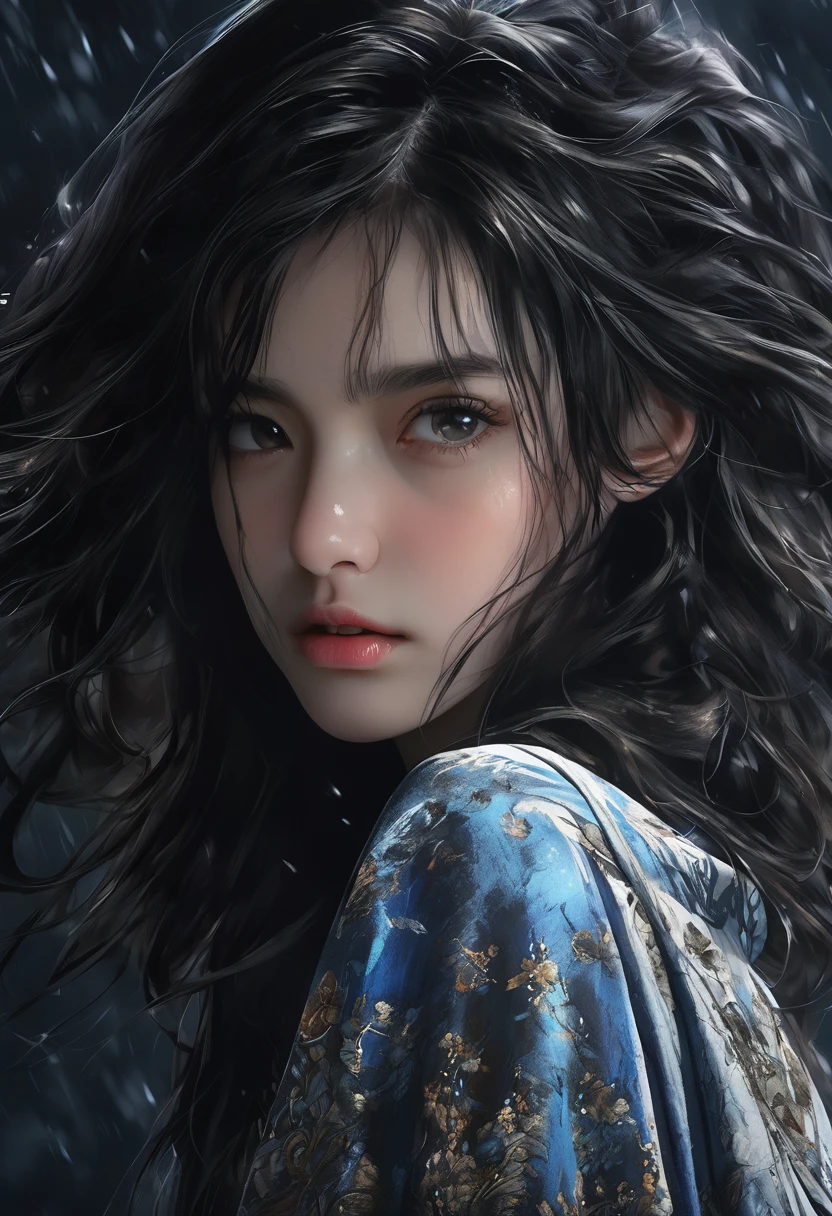 (best quality, hyper-detailed, masterpiece, beautiful image) digital art, 4k, realistic, hisgh , young adult, black medium hair, cold, melancholic, dark background, half body up, girl