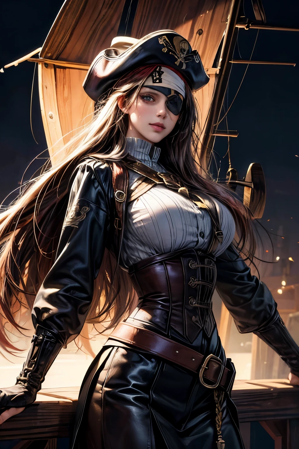 (Ultra-detailed, oil painting style, masterpiece: 1.4), Standing female pirate captain with (eye patch:1.4),
(High resolution: 1.4), (Masterpiece: 1.4), (Vibrant color palette: 1.2), (Photorealistic, dynamic angle: 1.2),
Pirate captain hat, intricately designed, wooden pistol by her side,
(Detailed face, detailed eyes, detailed skin), pirate scar under the eye, smiling with confidence,
(Best quality, 8k), wooden plank background with ropes and nautical symbols,
(Ultra-detailed surroundings, breasts, giga_busty, full clothee, (button gap:-1), long sleeves shirts