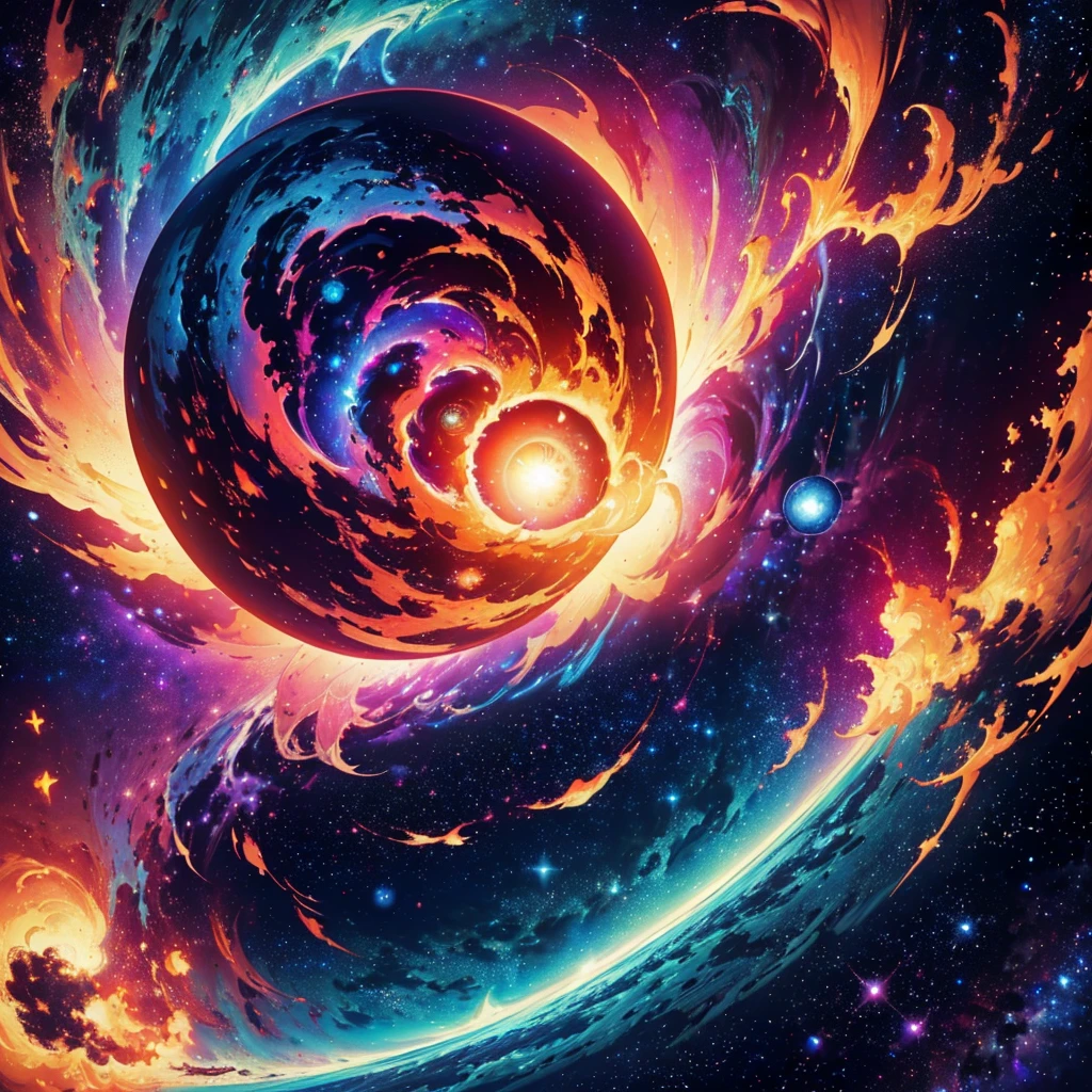 (Highest quality,4K,8k,High resolution,masterpiece:1.2),Super detailed eye in space,A majestic nebula of color,vivid neon colors,Complex shapes,Giant planet with stars in the background,Cosmic explosion,Celestial Energy,
