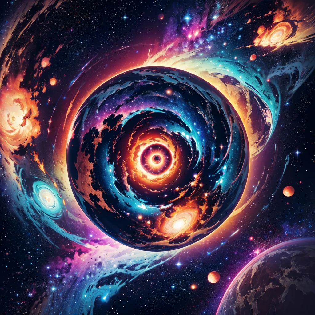 (Highest quality,4K,8k,High resolution,masterpiece:1.2),Super detailed eye in space,A majestic nebula of color,vivid neon colors,Complex shapes,Giant planet with stars in the background,Cosmic explosion,Celestial Energy,
