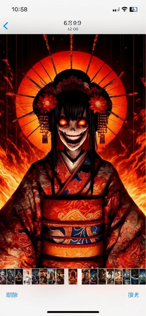 Japanese Yokai、Horror images、A woman's head flying in the air、Long black hair、With bangs、have an angry face with teeth bared、A head flying through the air and attacking people、Beautiful face、Japanese women、