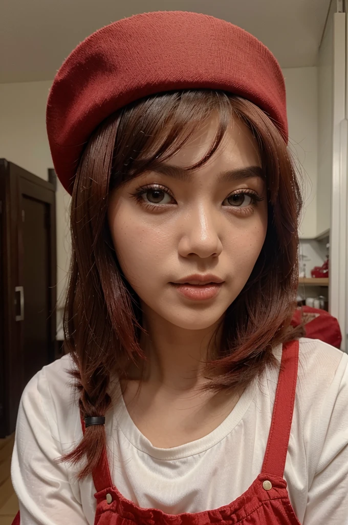 Perempuan rambut merah panjang, baju putih dan merah bergambar strawberry, pakai, pakai topi strawberry