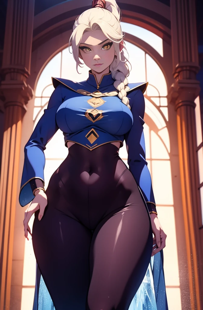female, solo, young, sexy body, voluptuous figure, tightsuit, white hair, decolored blonde hair, ice effects around, ice queen, beautifull face, long hair, defined body, yellow and bright eyes, thick legs, strong legs, tall, Voluptuous legs, huge ass, big hip, big ass, female sorcerer, blue and black robes,