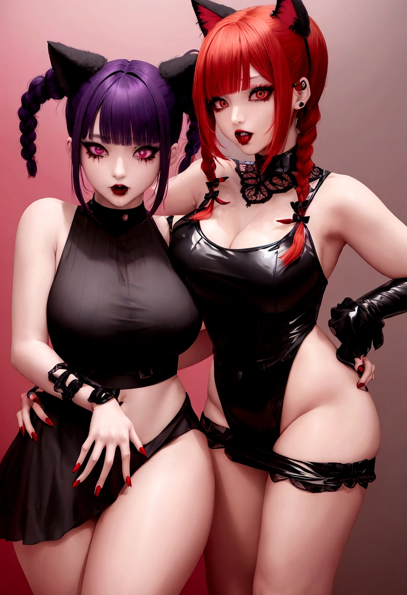 emo anime woman with red short tied hair, orange lights, thick bangs, black lips, fangs, two buns, two braids behind, and black cat ears, eye shadow, purple light dress