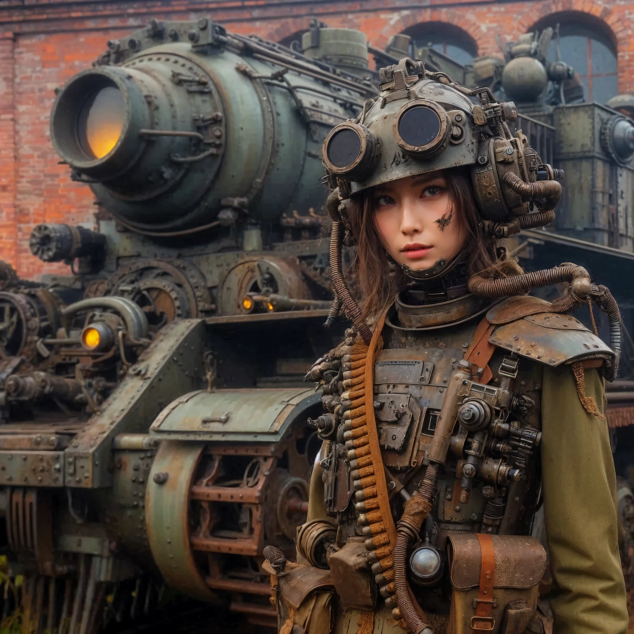 Dystopian night scene, hydraulic cylinders, very intricate details, Japanese woman in skeleton-like armor, beautiful face, legs, poses in motion, super realism, realistic photography, taken with Fuji film X-T30+Nokton. HDR10