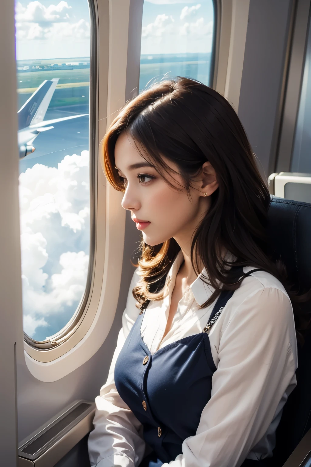 Beautiful woman looking out the window on an airplane, Fashionable outfits,  Clouds outside the window,