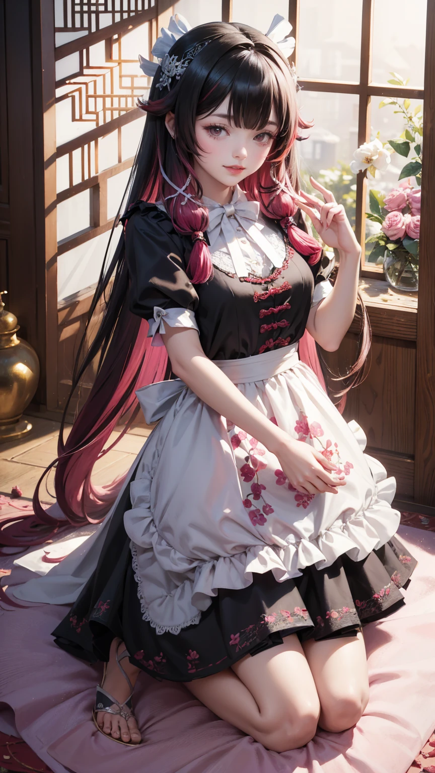 Columbina_(genshin impact), white roses, ornament hair, roses on her hair, maid, maid dress, maid headdress, maid apron, black hair, pink hair, long hair, Kneeling on the floor, chinese home style, Chinese maid dress, white dress, more details on her clothes, pink details, night, smiling, coat,