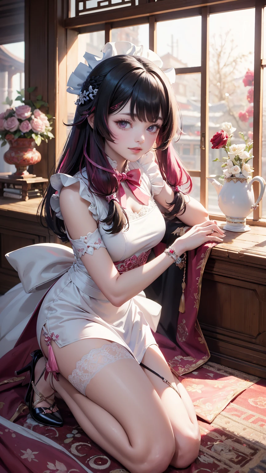 Columbina_(genshin impact), white roses, ornament hair, roses on her hair, maid, maid dress, maid headdress, maid apron, black hair, pink hair, long hair, Kneeling on the floor, chinese home style, Chinese maid dress, white dress, more details on her clothes, pink details, night, smiling, coat,