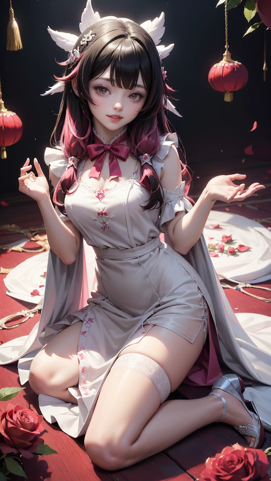 Columbina_(genshin impact), white roses, ornament hair, roses on her hair, maid, maid dress, maid headdress, maid apron, black hair, pink hair, long hair, Kneeling on the floor, chinese home style, Chinese maid dress, white dress, more details on her clothes, pink details, night, smiling, coat,