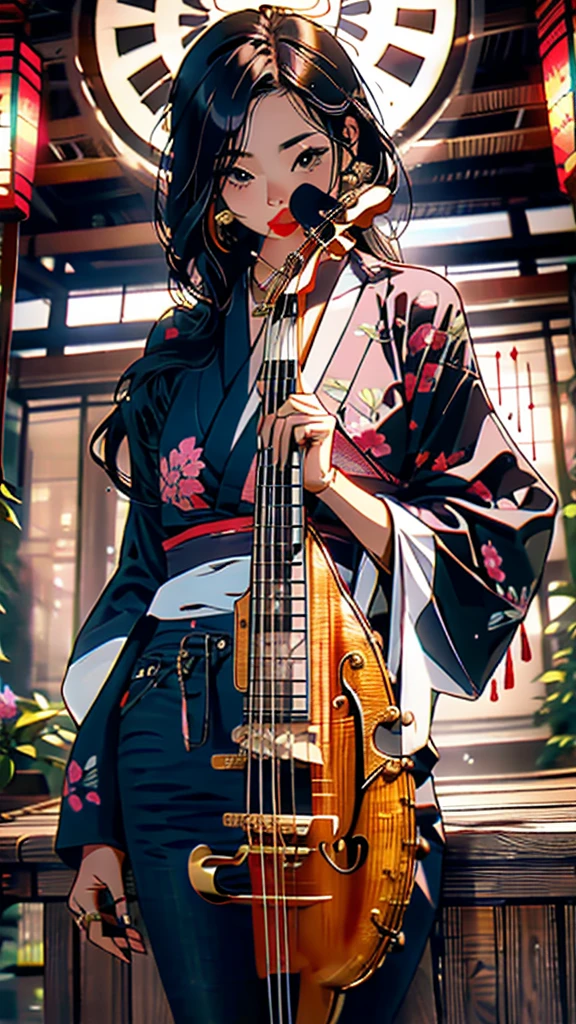 “Show Benzaiten, the Japanese goddess of music, knowledge, and the arts, playing a biwa (traditional Japanese lute).”