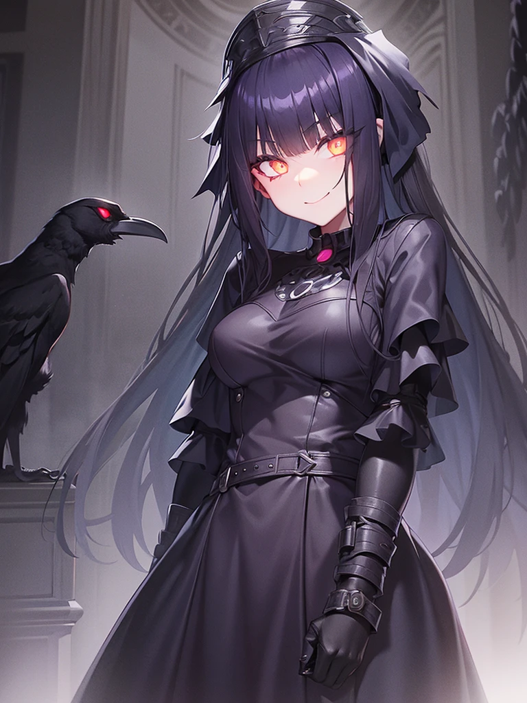 girl, dark, glowing eyes, evil, evil smile, raven nearby